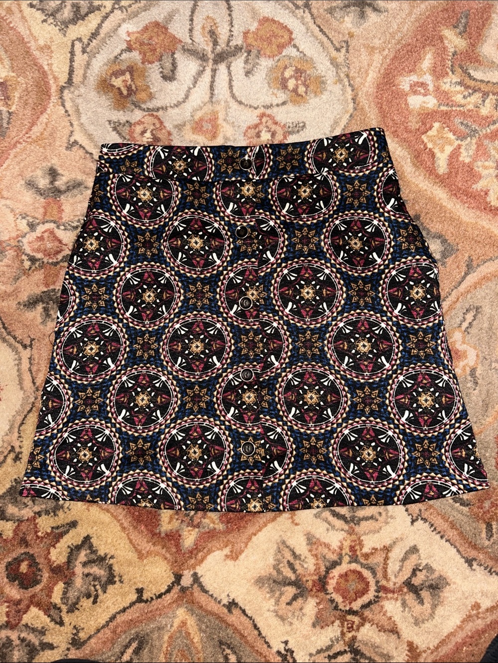 Printed A-Line Skirt in Black with Multicolor Medallion Pattern